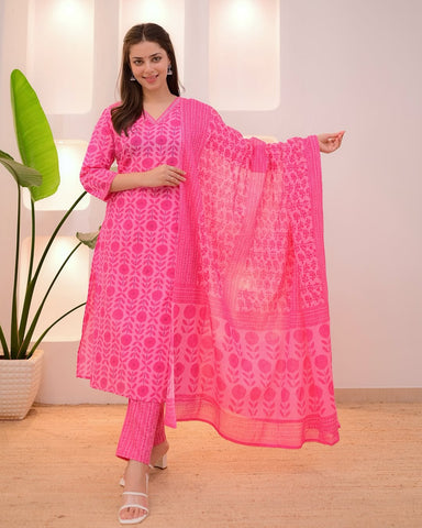 Hot Pink Printed Cotton Suit Set