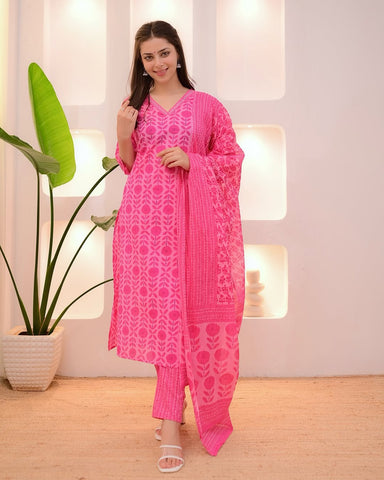 Hot Pink Printed Cotton Suit Set