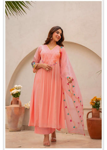 Pastel Peach Anarkali Suit with Embroidered Sleeves