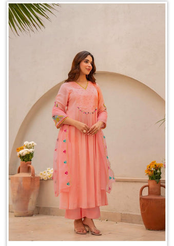 Pastel Peach Anarkali Suit with Embroidered Sleeves