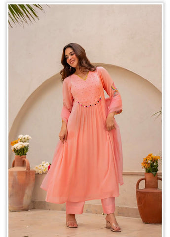 Pastel Peach Anarkali Suit with Embroidered Sleeves