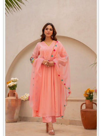 Pastel Peach Anarkali Suit with Embroidered Sleeves