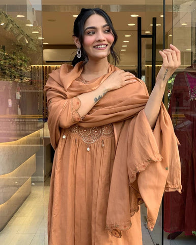 Earthy Tone Angrakha Style Embroidered Suit