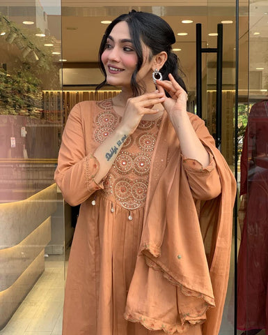 Earthy Tone Angrakha Style Embroidered Suit