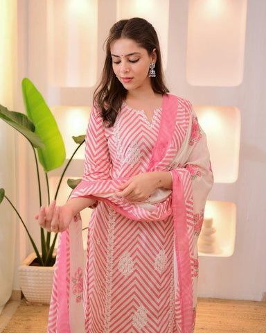 Pretty Pink Chevron Print & Embroidered Suit Set